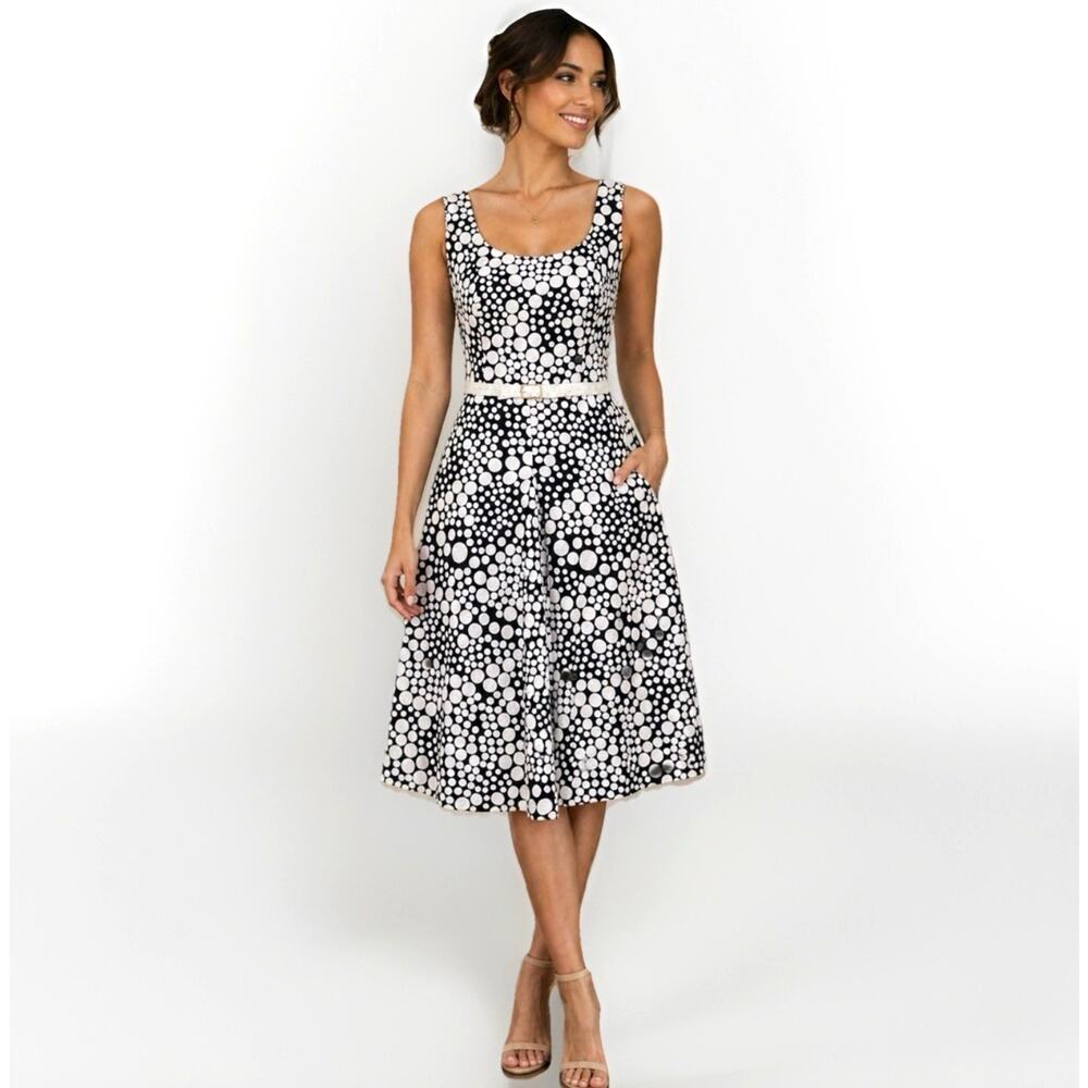 Georgiou Studio Black White Polka Dot Midi Dress Cocktail Wedding Guest Size 0